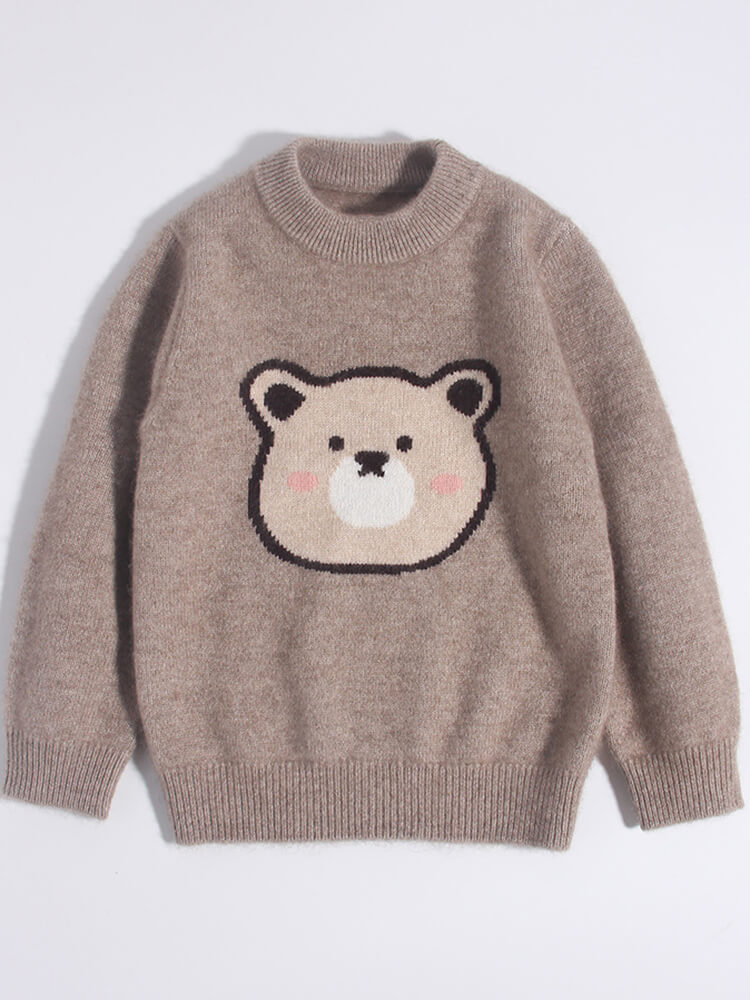 Cute Bear Face Cozy Brown Cashmere Knit Sweater for Kids